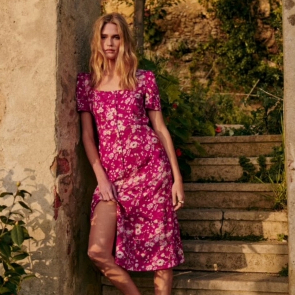 Sezane Fuchsia Floral Square-Neck Midi Dress